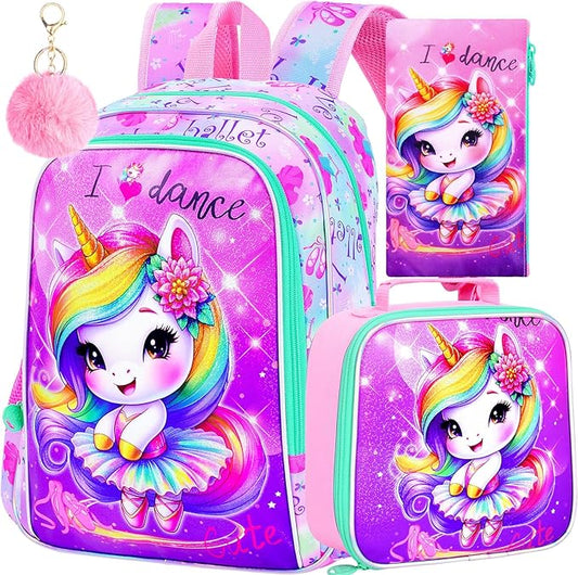 WZLVO 3PCS Kids Backpack for Girls, Unicorn Dinosaur Animal Prechool Elementary Kindergarten School Bookbag with Lunch Box