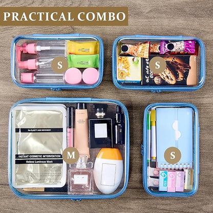 4 pcs Clear Zipper Pouches,Hard Shell Zipper Case, Toiletry Bag for Travel, CLear Diaper Bag, Toiletry Pouch, Travel Organizer, Clear Cosmetic Bag,Toy Storage Bins (M+3S) (Blue)