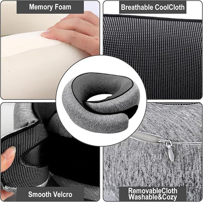 Travel Neck Pillow for Airplanes, 100% Memory Foam Neck Pillow for Sleeping, 360° Neck Support Pillow, Compact and Ergonomic Design for Travel, Car Rides, Airport (Dark Grey)
