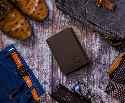 Stealth Mode Leather Trifold RFID Wallet For Men With Flip Out ID Holder (Crazy Horse Brown)
