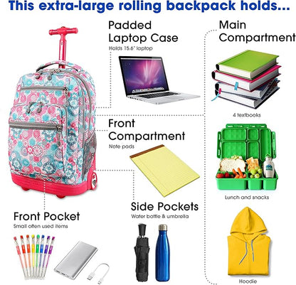 J World Sundance Laptop Rolling Backpack for Girls Boys. Roller Bookbag with Wheels, Blue Raspberry