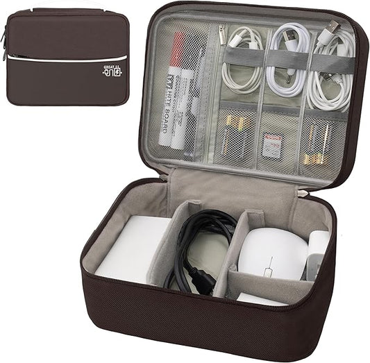 Electronics Organizer,Travel Cord Organizer Pouch, Portable Cable Organizer Bags, Waterproof Electronic Accessories Storage Case for Cables, Cords, Charger, Phone (Double Layer-Brown)