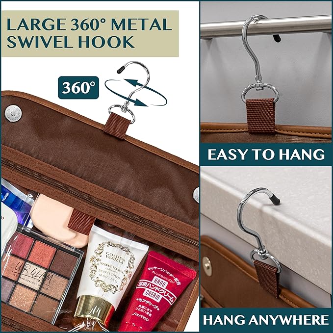 PAVILIA Hanging Toiletry Bag Women Men, Foldable Cosmetic Organizer Travel Bag, Water Resistant Makeup Bag Toiletries, Large Travel Essentials Kit (Brown)