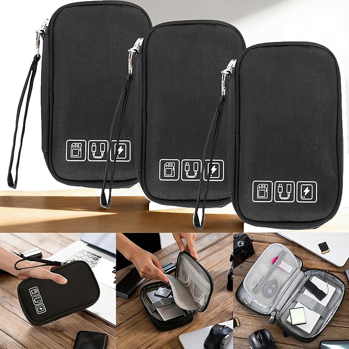 3Pcs Electronic Organizer Travel Cable Organizer Bag Pouch Portable Small Electronic Cable Pouch Electronics Accessories Organizer Travel Digital Storage Bag for Power Bank Charger Card, Black