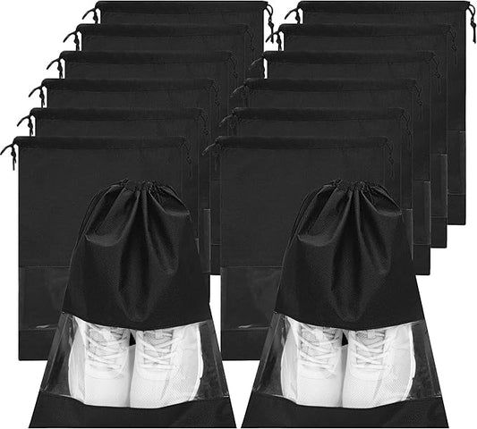 YAMIU 12PCS Shoe Bags for Travel - Large Dustproof Drawstring Shoes Pouch Packing Organizers for Men & Women, Black