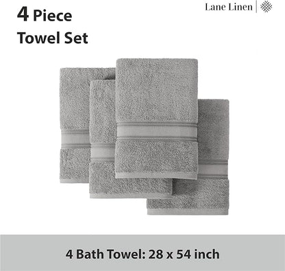 LANE LINEN 100% Cotton Bath Towels Set of 4 (28"x54") - Zero Twist, Mercerized Cotton Extra Large Bathroom Towel Sets - Quick Dry, Soft & Absorbent Grey Towels Set - Pre Shrunk, Fade Resistant - Grey