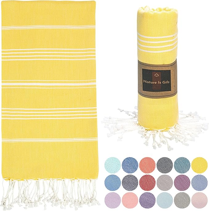 Beach Towel 100% Cotton Turkish Beach Towel Adult 38x70 Inch Pre-washed Absorbent Extra Large|Sand Free Quick Dry BathTowels|Lightweight Blanket|Travel Cruise Camping Spa Gym Sports Towels|Yellow