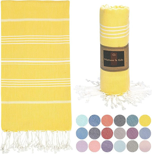 Beach Towel 100% Cotton Turkish Beach Towel Adult 38x70 Inch Pre-washed Absorbent Extra Large|Sand Free Quick Dry BathTowels|Lightweight Blanket|Travel Cruise Camping Spa Gym Sports Towels|Yellow