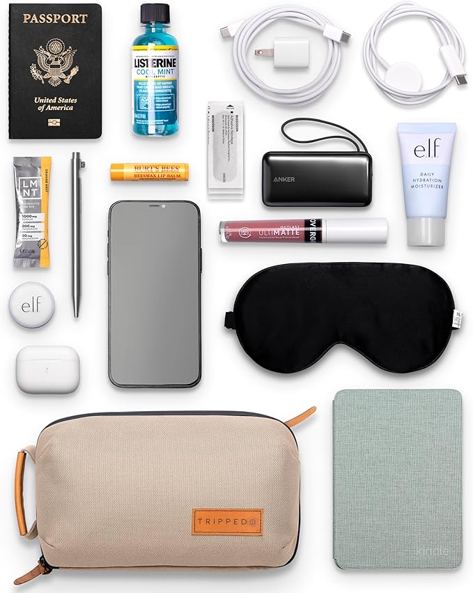 Tech Bag Organizer - Small Electronics Organizer Pouch for Travel - Premium Travel Case with Leather Accents - Mesh Pocket for Cables, Cords and Chargers (Tan)