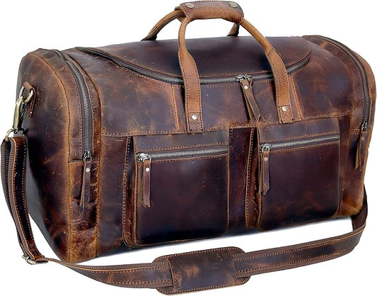 28" Vintage Duffel Classic Style with Modern Outlook Retro Thick Full Grain Cowhide Handmade Airplane Underseat Carry On Bags Leather Gym Overnight Luggage Bag (24 inch)