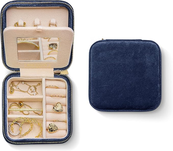 Benevolence LA Plush Velvet Jewelry Box | Travel Jewelry Case Organizer with Mirror | Featured in Oprah's Favorite Things | Best Gifts For Daughter, Girlfriend, Mom | Gifts For Her - Navy Blue
