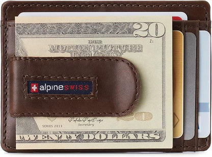 Alpine Swiss RFID Dermot Money Clip Front Pocket Wallet For Men Leather Hampton Collection Glossy Nappa Brown