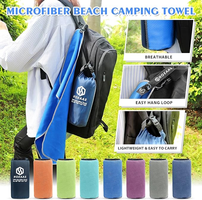 HOEAAS 2 Pack Microfiber Camping Towels, Quick Dry Towel, Super Absorbent Ultra Compact Travel Towel Soft Lightweight Sports Towel for Sweat Fast Drying Towels for Pool,Gym,Hiking,Backpacking,Fitness