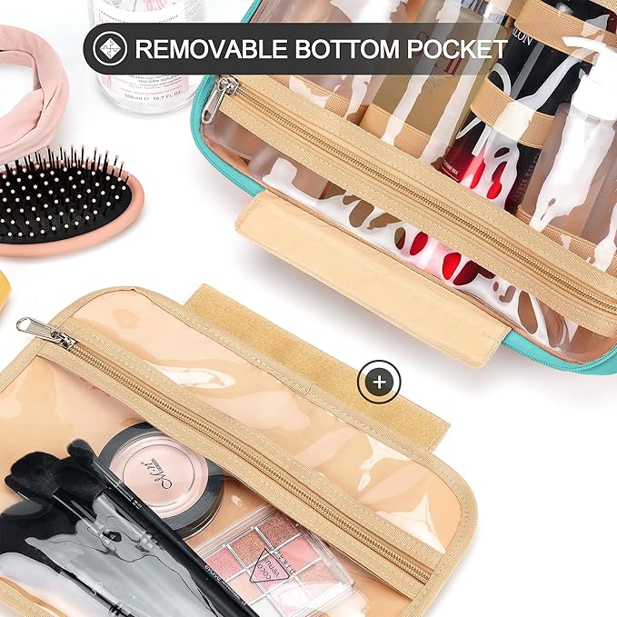 Travel Hanging Toiletry Bag for Women and Men, with 8 Leak Proofing Silicone Bottle Covers, Waterproof Makeup Accessories, Cosmetic Essentials, Toiletries Dopp Kit Set with Jewelry Organizer, Blue