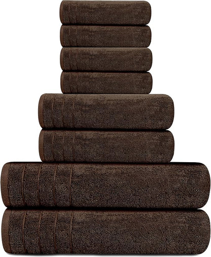 Tens Towels Pack of 8 Towels Set, 2 Extra Large Bath, 2 Hand, 4 Washcloths, 100% Cotton, Lighter Weight, Quicker to Dry, Super Absorbent, Perfect for Bathroom, Brown