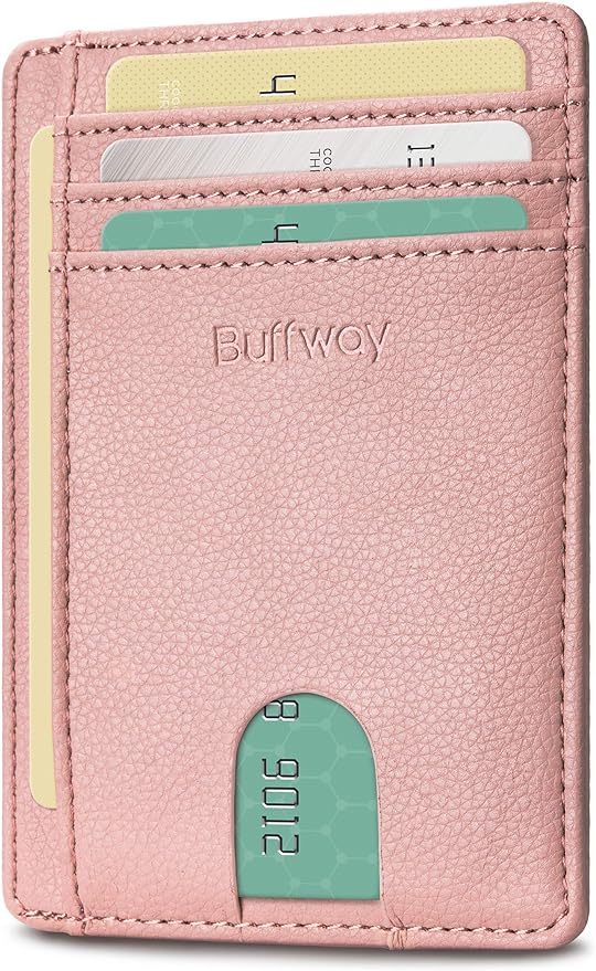 Buffway Slim Minimalist Front Pocket RFID Blocking Leather Wallets for Men and Women - Lichee Pink
