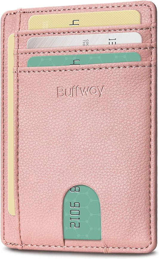 Buffway Slim Minimalist Front Pocket RFID Blocking Leather Wallets for Men and Women - Lichee Pink