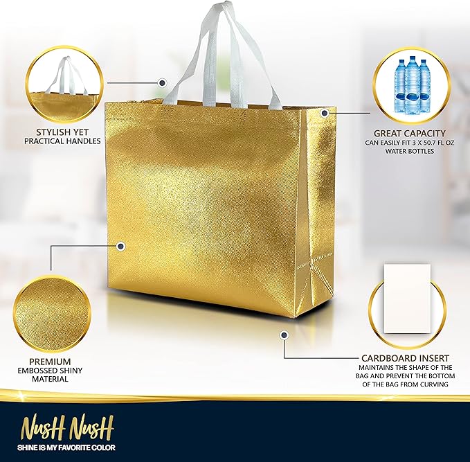 Nush Nush Shiny Large Gold Gift Bags Bulk - Set of 60 Gold Reusable Gift Bags with Handles- Ideal For Small Business, Christmas Gifts, Thanksgiving, Birthday Party Favor, Corporate Gifts - 13Wx5Dx11H