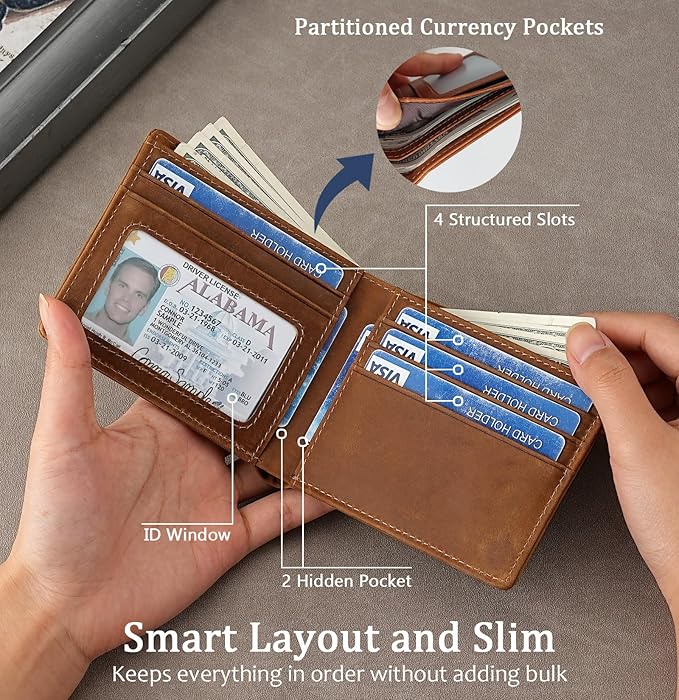 Mens Slim Bifold Wallet RFID Blocking | Genuine Leather Back/Front Pocket Design for Men | 6 Card Slots, 2 Cash Pockets & 1 ID Window | 4x3x0.7″ Thin Horizontal Wallets Christmas Gift Box