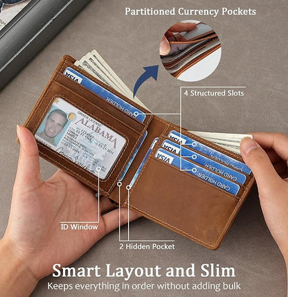 Mens Slim Bifold Wallet RFID Blocking | Genuine Leather Back/Front Pocket Design for Men | 6 Card Slots, 2 Cash Pockets & 1 ID Window | 4x3x0.7″ Thin Horizontal Wallets Christmas Gift Box