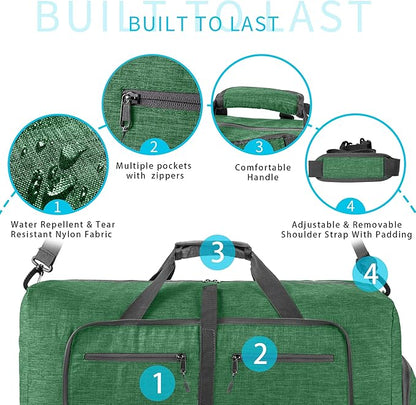 Vomgomfom 65L/85L/115L Foldable Travel Duffle Bag, Lightweight Checked Luggage with Shoe Compartment, Water-Resistant Weekender Overnight Bag for Men & Women