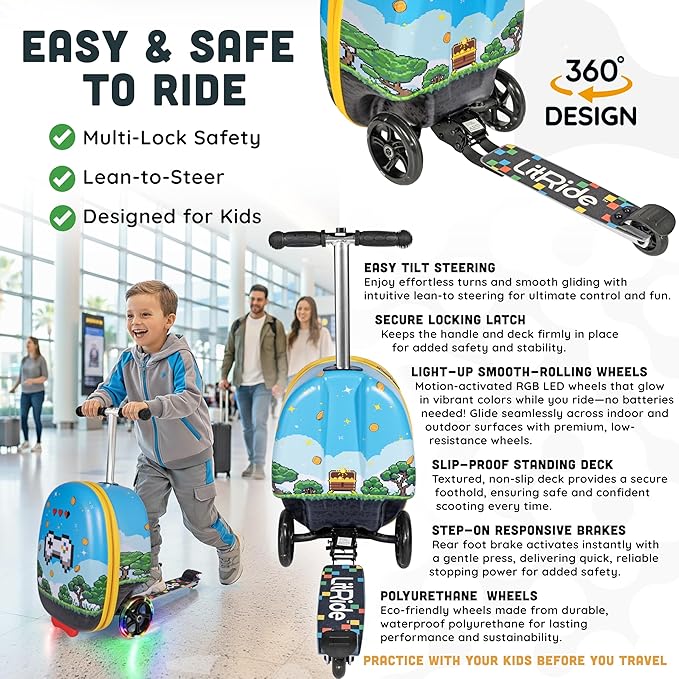 Hardshell Kids Ride-On Luggage with Scooter Suitcase – Carry-On Compliant with LED Light-Up Wheels – Fun and Functional Travel Companion for Children Ages 5–12