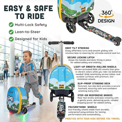 Hardshell Kids Ride-On Luggage with Scooter Suitcase – Carry-On Compliant with LED Light-Up Wheels – Fun and Functional Travel Companion for Children Ages 5–12