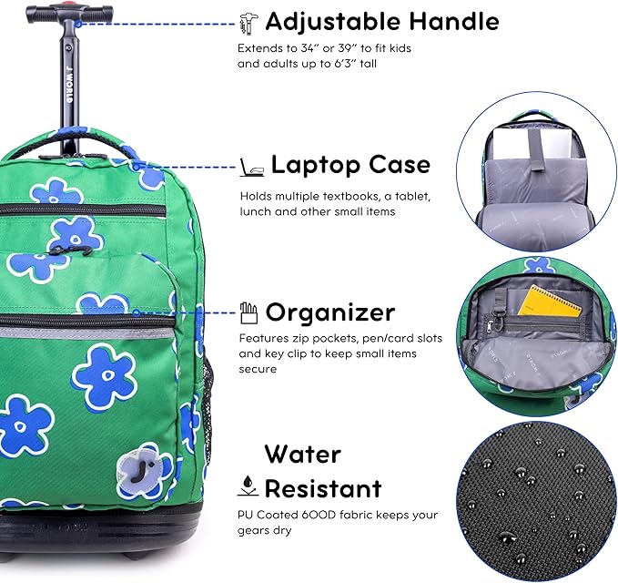 J World Sundance Laptop Rolling Backpack for Girls Boys. Roller Bookbag with Wheels, Picnic