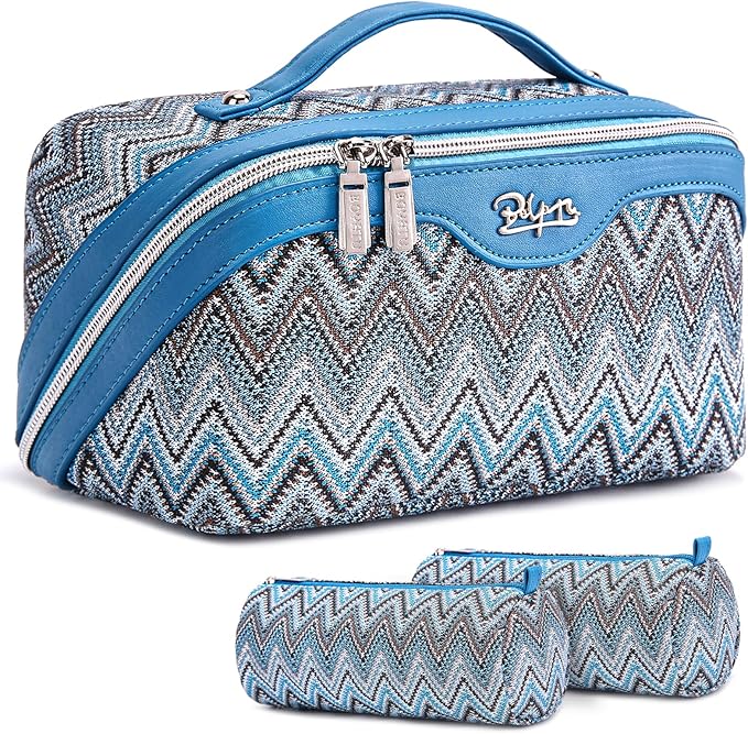 BOYATU Travel Makeup Bag for Women: Western Boho Make up Bag Set of 3 - Large Capacity Vegan Leather Cosmetic Bag - Waterproof Toiletry Bag with Compartments & Handle & Divider(J-4-Blue)