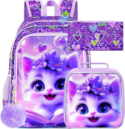 WZLVO 3PCS Kids Cat Bookbag Set, 16" Glittery UV Printing Girls Backpack/School Bag with Lunch Box & Pencil Bag for Preschool to Elementary - Reading Cat Purple