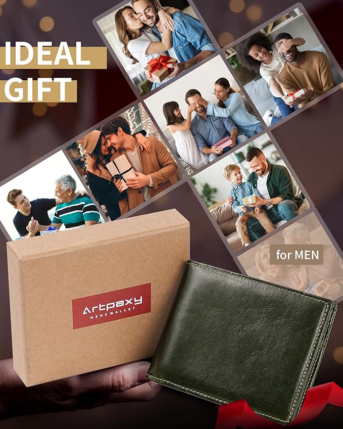 Mens Wallet Bifold Genuine Leather RFID Blocking Wallet for Men with 1 ID Windows 13 Card Holders 2 cash pockets 1 Gift Box