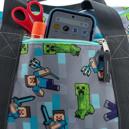 Minecraft Duffle Bag, 16 inch Travel Sleepover Weekender Bag for Girls & Boys, Green/Gray