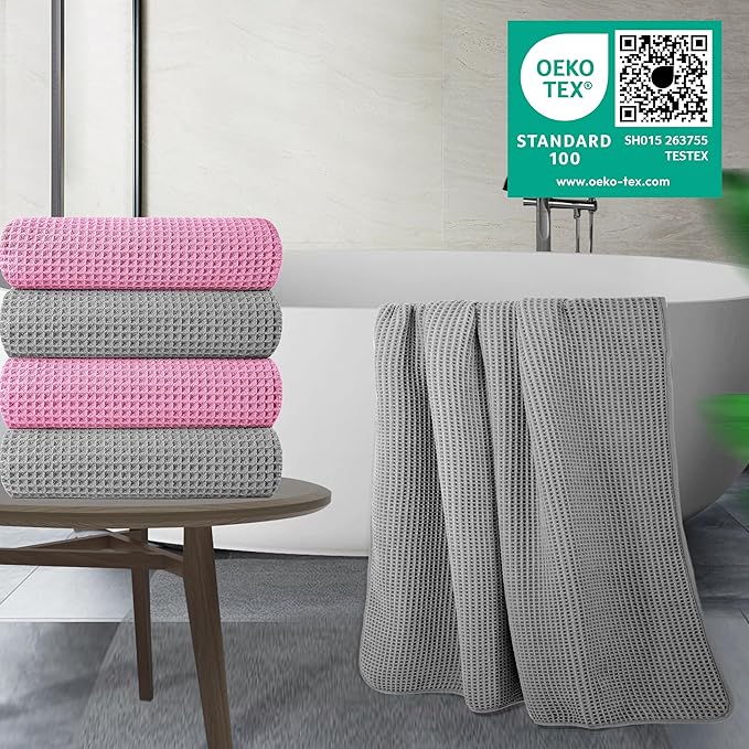 POLYTE Microfiber Oversize Quick Dry Lint Free Bath Towel, 60 x 30 in, 4 Pack (Waffle Weave)
