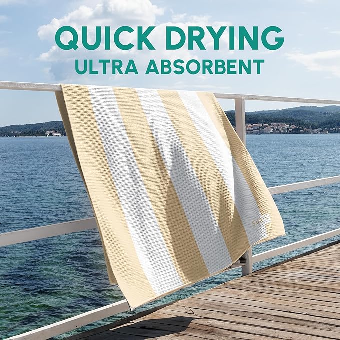 SUN'Y Waffle Microfiber Beach Towel – Sand Free, Quick Dry, Ultra Absorbent, Lightweight & Compact Travel Towel with Carry Bag - Large (63” x 31.5”), Natural Sand