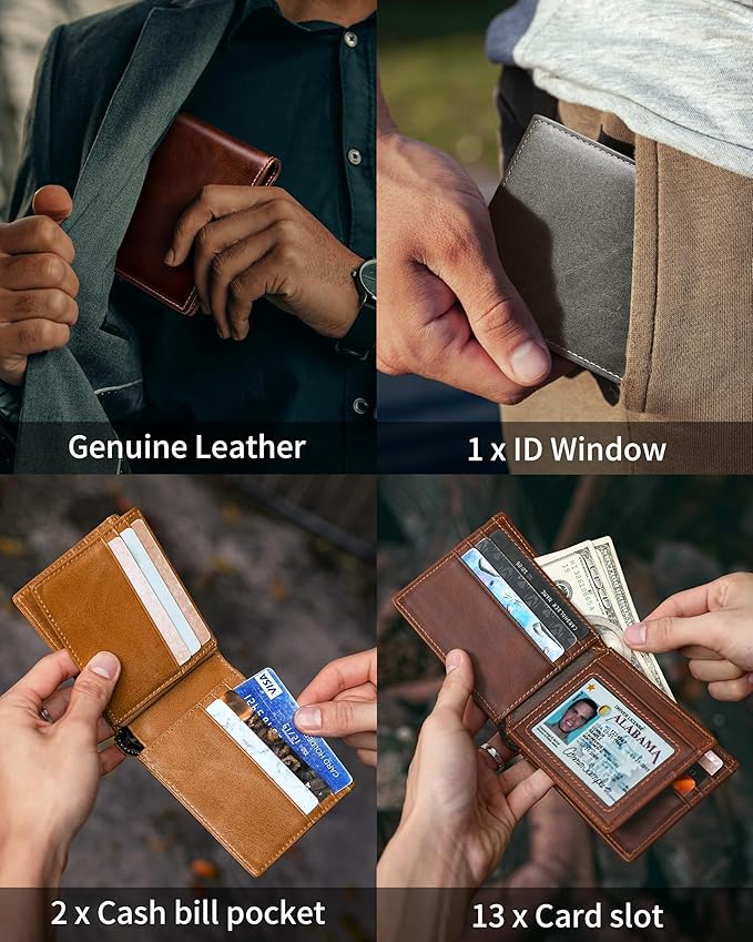 Mens Wallet Bifold Genuine Leather RFID Blocking Wallet for Men with 1 ID Windows 13 Card Holders 2 cash pockets 1 Gift Box