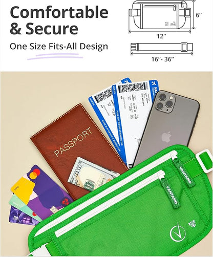 Vantamo Money Belt with RFID For Men & Women, Hidden Passport Holder for Travel, 2 Compartment Travel Fanny Pack for Women Anti Theft