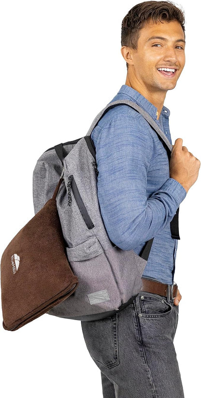 BlueHills Premium Soft Travel Blanket Pillow Airplane Blanket Soft Bag Pillow case with Hand Luggage Belt and Backpack Clip Compact Pack Large Portable Throw Air Plane Flight Travel (Brown T009)