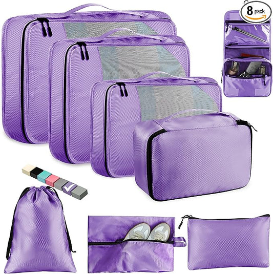 8-Piece Packing Cubes for Travel, Mesh Luggage Organizers with Shoe Bag, Toiletry Bag, Laundry Pouches, 4 Sizes (XL/L/M/S) for Suitcase Organization, Men Women Kids, Purple