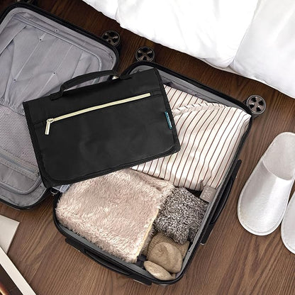 PAVILIA Hanging Toiletry Bag Women Men, Travel Kit Foldable Large Toiletries Organizer, Roll up Cosmetics Makeup Bag Accessories, Waterproof Essentials Jewelry Case (Black)