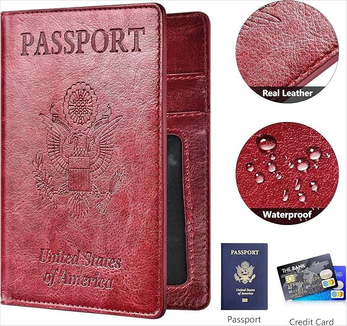 Real Leather Wallet RFID Family Passport Holder Waterproof Travel Black (Red)