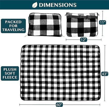 PAVILIA Travel Blanket Pillow, Soft Airplane Blanket 2-in-1 Combo Set, Plane Blanket Compact Packable, Flight Essentials Car Pillow, Travelers Gifts Accessories, Backpack Strap, 60x43 Checker White