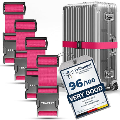 TRAVELY Luggage Straps - Particularly conspicuous & Secure - Incl. 4 Name Tags - Luggage Strap Ideal crosswise - [Set of 4]