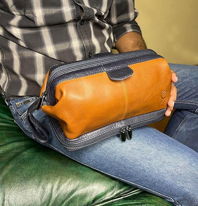 RUSTIC TOWN Leather Toiletry Bag for Men - Travel Gift Shaving Ditty Kit - Bathroom Shower Toiletries Organizer - Cosmetic Makeup Bag for Women