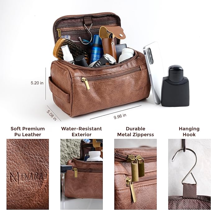 MINARAI Mens Toiletry Bag with Razor Case Included – Reinforced Stitching, Padded Panels, Holds Shape Trip After Trip, Ideal for Tight Hotel Sinks with Hook, Built for Men Who Travel Hard – BROWN