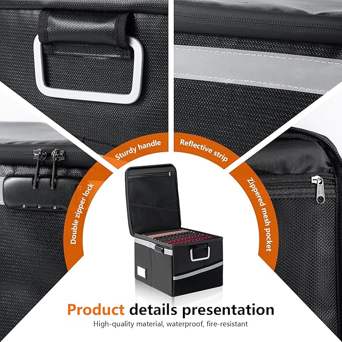 Fireproof Document Box,Portable File Organizer with Lock,Water-Resistant Document Organizer Collapsible File Cabinets for Home Office Safe Storage Box for Hanging Letter/Legal Folders-Black
