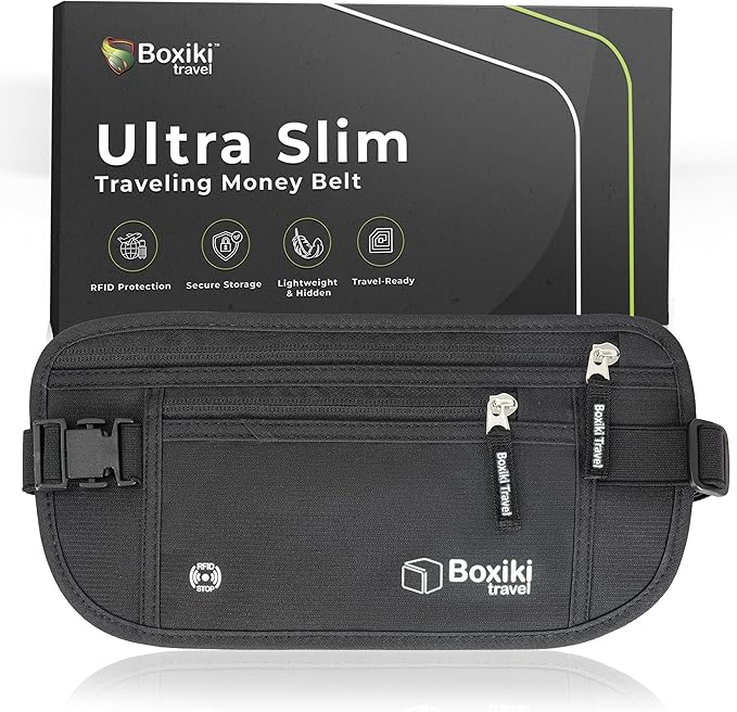 Money Belt for Travel with RFID Blocking Technology - Hidden Travel Money Pouch for Cash, Credit Cards, Passport, and Travel Valuables - Secure Water Resistant Money Belt for Men and Women - Black