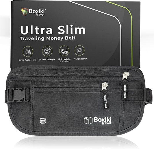 Money Belt for Travel with RFID Blocking Technology - Hidden Travel Money Pouch for Cash, Credit Cards, Passport, and Travel Valuables - Secure Water Resistant Money Belt for Men and Women - Black