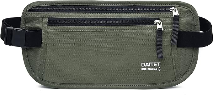 RFID Blocking Money Belt for Men Women, Slim Fanny Pack for Travel，Running,Conceal Waist Wallet for Passport Holder,Phone,Cash(Dark Olive Green)