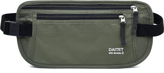 RFID Blocking Money Belt for Men Women, Slim Fanny Pack for Travel，Running,Conceal Waist Wallet for Passport Holder,Phone,Cash(Dark Olive Green)