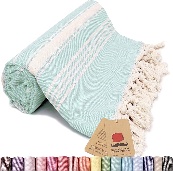 Bazaar Anatolia Turkish Beach Towel – 100% Cotton, Quick Dry, Sand Free Towel for Bathroom, Camping, Travel, Teal – Oversized 71x39 Inches – Stripe Mint